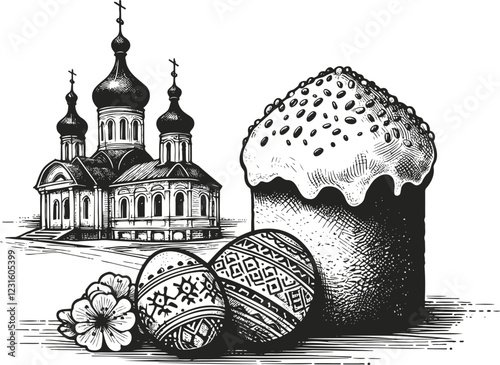 Vintage illustration of an old church with Easter symbols in classic style