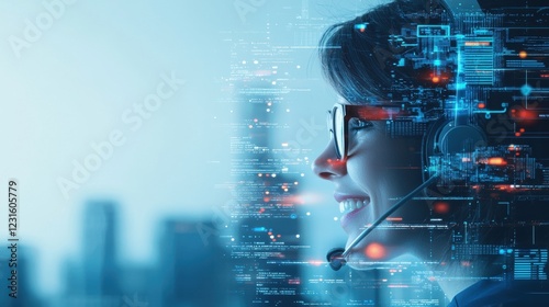 A focused professional using a headset, surrounded by digital data and technology, illustrating modern communication and innovation.