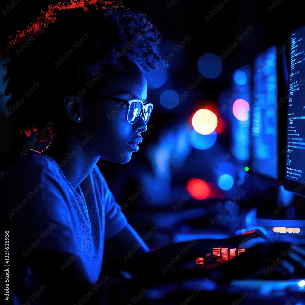 Young programmer coding in a dimly lit room high-tech environment focused perspective digital innovation Young programmer coding in a dimly lit room high-tech environment focused perspective digital innovation