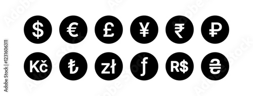 Money currency symbol icon set. Currency exchange icon. Dollar, Euro, British Pound, Yen, Rupee, Ruble, Koruna, Lira, Zloty, Forint, Real, Hryvnia symbol icon collection. Vector illustration.