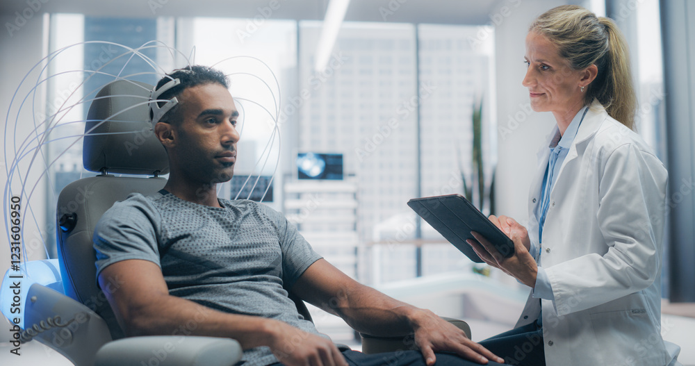 In an Advanced Laboratory: Doctor Utilizing Advanced Brain Scanning Technology to Diagnose and Treat Neural Disorders, Enhancing Cognitive Function. Patient Wearing Headset for a High-tech Scan In an Advanced Laboratory: Doctor Utilizing Advanced Brain Scanning Technology to Diagnose and Treat Neural Disorders, Enhancing Cognitive Function. Patient Wearing Headset for a High-tech Scan