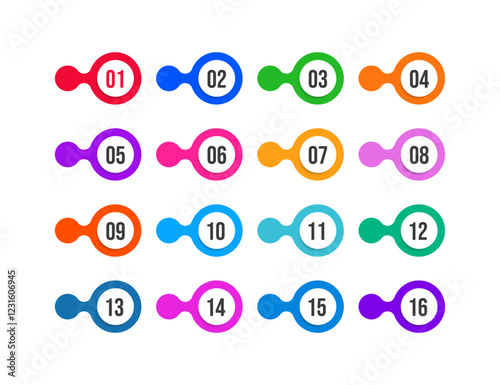 Colorful number bullet point 1 to 16 vector set. Color tags, icons and buttons. Isolated 3d vector set of colorful Info markers in drop shape with realistic shadows, digits from one to sixteen.