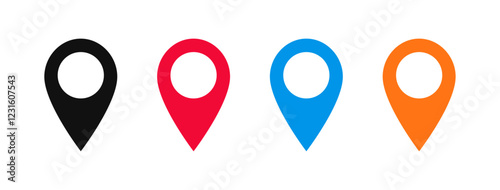 Location Pin Icon Vector, GPS, Map Position Marker icon set in black, red, blue and yellow color. Destination icon. Vector illustration