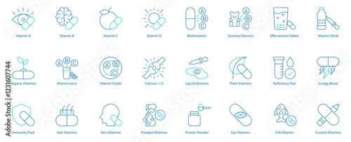 Essential Wellness and Immunity Vector Icon Set – Vitamin A, B, C, D, Organic and Custom Formulas, Juice and Foods, Calcium plus D, Immunity Pack, Hair and Skin Vitamins, Prenatal and Senior Care 