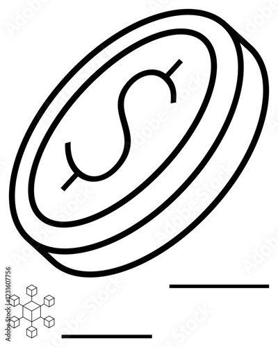 Coin with dollar sign paired with connected blockchain cubes. Ideal for cryptocurrency, fintech, decentralized finance, blockchain networks, investment, online transactions, abstract line flat