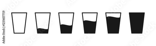 Water glass icon vector set in back flat outline. Full and empty water glass. Tall milk drink glass line pictogram. Cup water icon symbol. Glass of drink water symbol. Vector illustration.