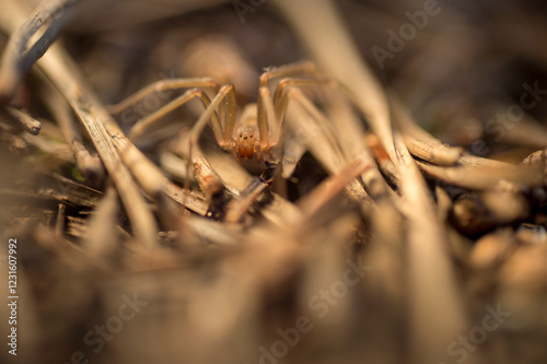 Mediterranean recluse spider, violin spider (Loxosceles rufescens), Brown recluse spider, in its wild habitat. Alghero, Sassari, Sardinia, Italy photo