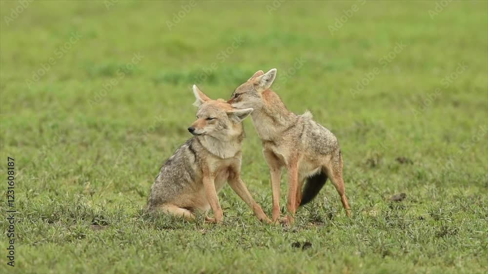Two young wild Coyotes grooming in Tanzania grassland Two young wild Coyotes grooming in Tanzania grassland
