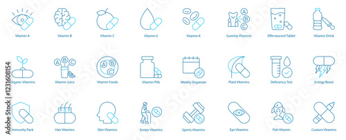 Comprehensive Vitamin and Supplement Vector Icon Set – Vitamin A, B, C, E, K, Organic and Custom Supplements, Immunity Pack, Juice and Foods, Hair and Skin Care, Pills, Weekly Organizer 