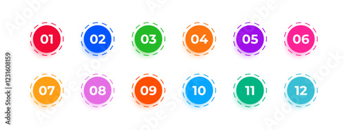 Colorful number bullet point 1 to 12 vector set. Color tags, icons and buttons. Isolated 3d vector set of colorful Info markers in circle shape with realistic shadows, digits from one to twelve.