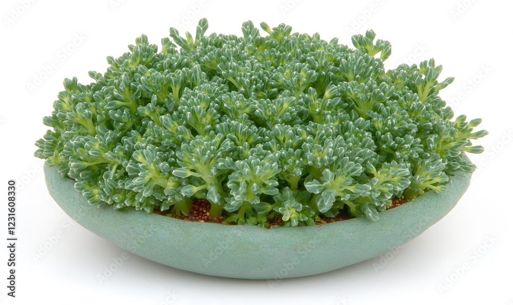 Green succulent plant in teal pot, white background, studio shot, home decor Green succulent plant in teal pot, white background, studio shot, home decor