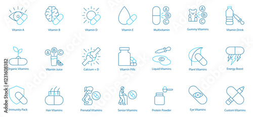 Daily Nutrition and Energy Boost Vector Icon Set – Vitamin A, B, D, E, Multivitamin, Gummy Vitamins, Vitamin Drink, Organic and Plant-Based Supplements, Juice and Foods, Calcium plus D, Pills 