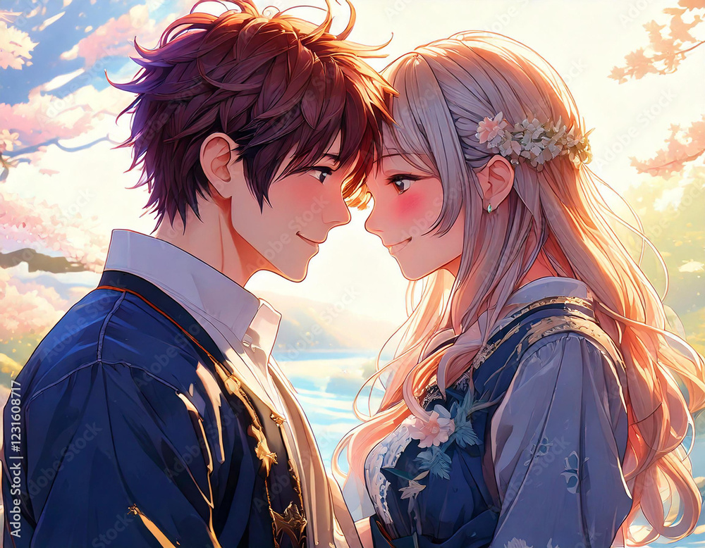 額をくっつけ合わせてはにかみ笑うアニメに出てくるような若い男女カップルのイラスト 額をくっつけ合わせてはにかみ笑うアニメに出てくるような若い男女カップルのイラスト