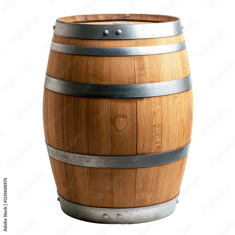 Fototapeta premium This wooden barrel features metal bands for a rustic appearance, isolated on a transparent background, png, alpha