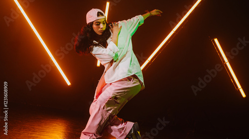 Hip hop dancer dancing in a cool studio with neon lights.