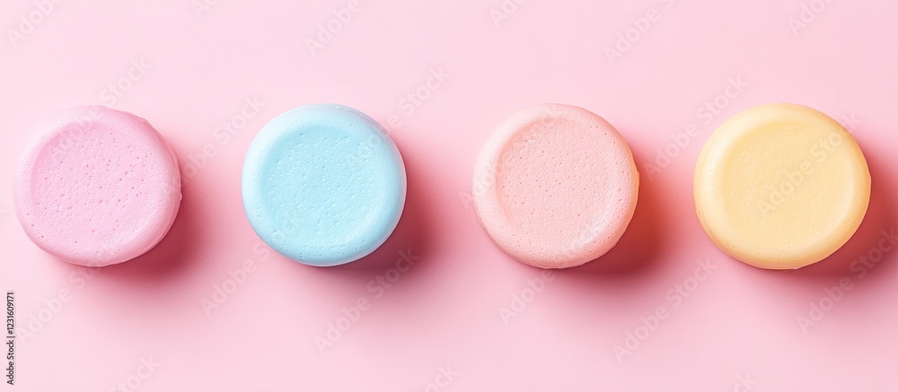 Pastel colored circular macarons in a row on a soft pink background, featuring blue, pink, and yellow hues, arranged evenly for a clean layout. Pastel colored circular macarons in a row on a soft pink background, featuring blue, pink, and yellow hues, arranged evenly for a clean layout.