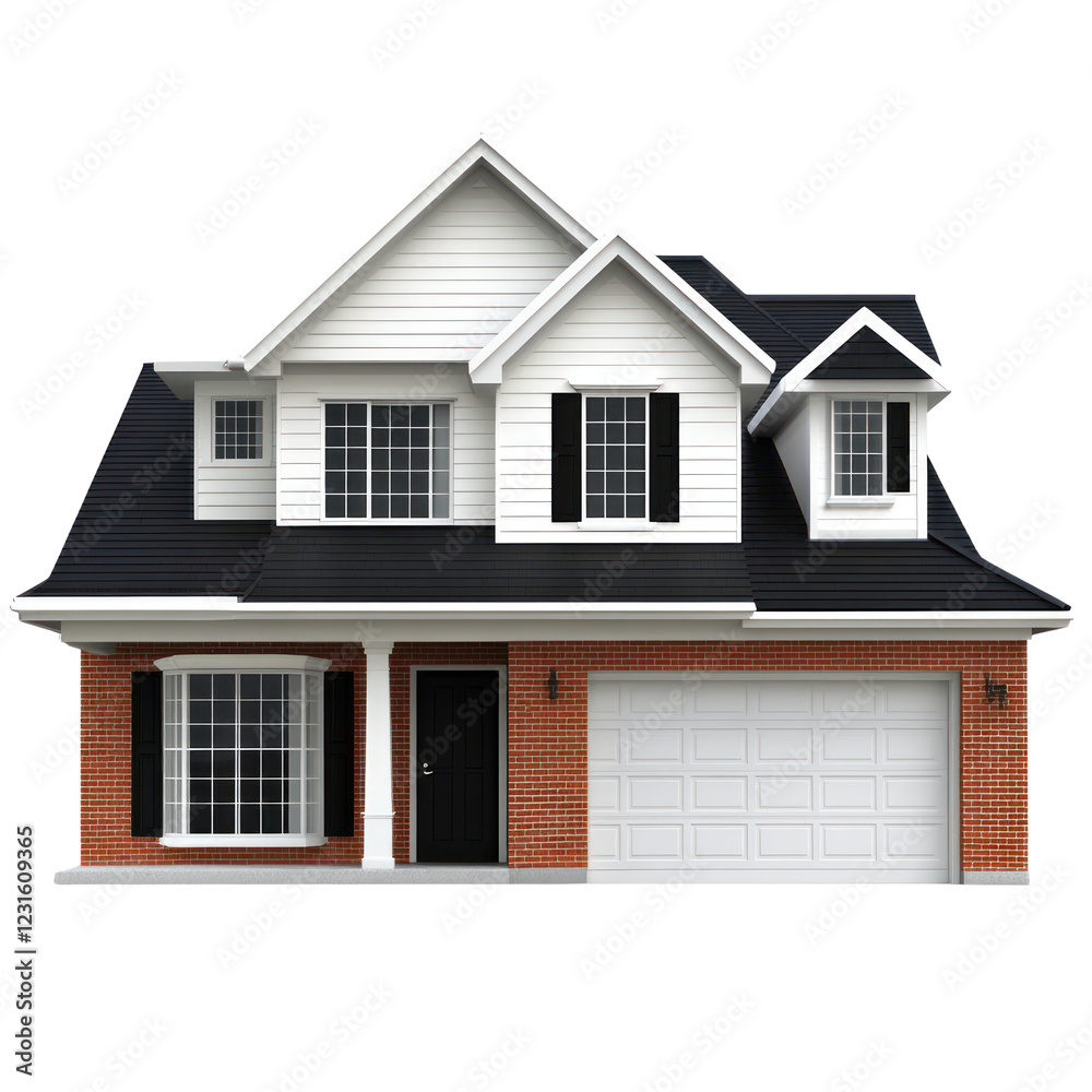 Stylish two story residence showcasing brick and siding architecture, isolated on a transparent background, png, alpha Stylish two story residence showcasing brick and siding architecture, isolated on a transparent background, png, alpha