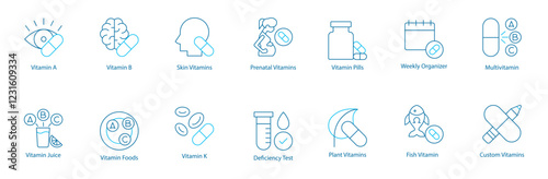 Complete Daily Vitamin and Supplement Vector Icon Set – Vitamin A, B, K, Juice and Foods, Skin and Prenatal Care, Pills, Weekly Organizer, Multivitamins, Deficiency Test, Plant-Based  vitamins