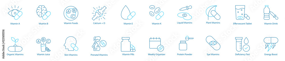 Daily Nutrition and Wellness Vector Icon Set – Vitamin A, B, C, D, E, K, Vitamin Foods, Calcium plus D, Liquid and Plant-Based Supplements, Effervescent Tablets, Organic Vitamins, Vitamin Juice Daily Nutrition and Wellness Vector Icon Set – Vitamin A, B, C, D, E, K, Vitamin Foods, Calcium plus D, Liquid and Plant-Based Supplements, Effervescent Tablets, Organic Vitamins, Vitamin Juice