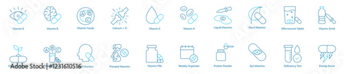 Daily Nutrition and Wellness Vector Icon Set – Vitamin A, B, C, D, E, K, Vitamin Foods, Calcium plus D, Liquid and Plant-Based Supplements, Effervescent Tablets, Organic Vitamins, Vitamin Juice 