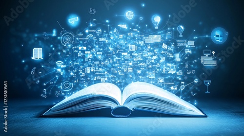 Open book, digital ideas, glowing, knowledge, innovation, dark background, education concept. Generative ai