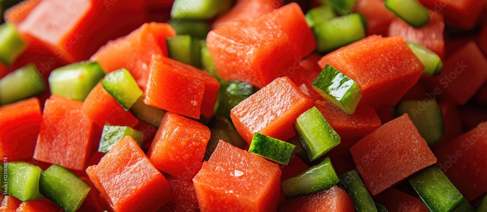 Vibrant diced red and green paprika cubes arranged closely with a sprinkle of salt, creating a fresh and colorful culinary backdrop. Vibrant diced red and green paprika cubes arranged closely with a sprinkle of salt, creating a fresh and colorful culinary backdrop.