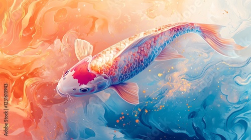 A vector illustration of a dreamlike koi fish skin texture with swirling pink, blue, and gold gradients.