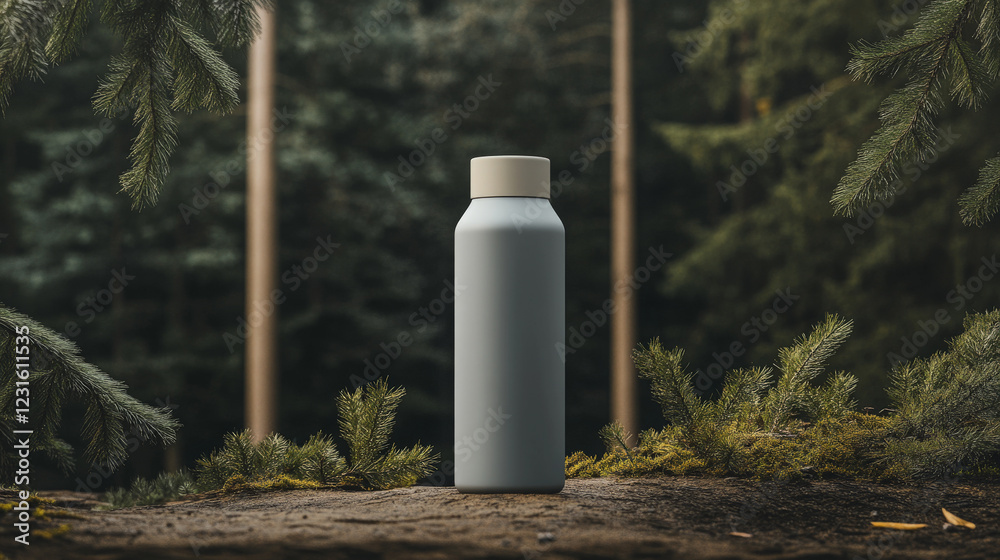 A light blue water bottle with a beige lid sits on a mossy log in a forest setting. The serene scene evokes calmness and a connection with nature. A light blue water bottle with a beige lid sits on a mossy log in a forest setting. The serene scene evokes calmness and a connection with nature.