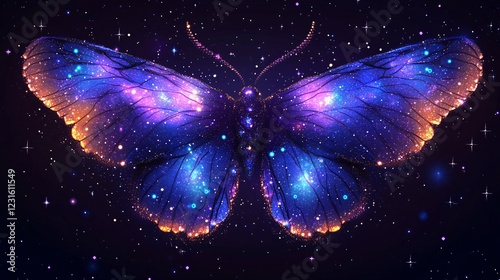 A vector illustration of a galaxy-patterned moth wing texture with cosmic purples, blues, and stars.