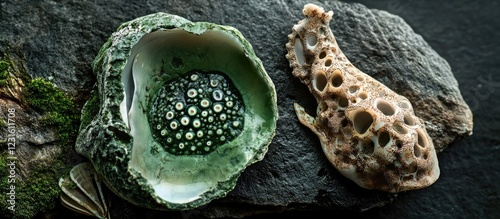 Green mercenaria shell with broken edges positioned left, textured cuttlefish bone on right, earthy tones and natural textures in landscape orientation.
