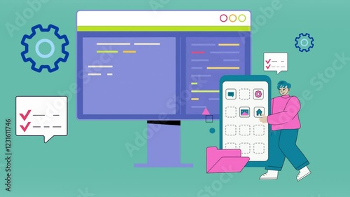 2d animation concept of software application development, mobile app interface design, coding and programming for webpage backend, technology 4k, mp4 video clip.