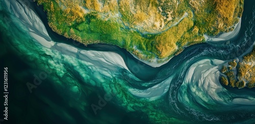 Aerial View of River Delta: A breathtaking aerial shot captures the mesmerizing turquoise and emerald swirls of a river delta as it meets the sea.
