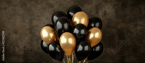 Elegant gold and black balloons arranged in a visually appealing pile against a dark backdrop ideal for celebrating a 70th birthday event. photo