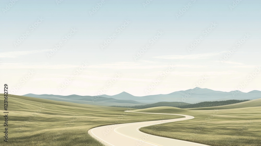 Fototapeta premium Winding road through serene grassy hills and distant mountains under a clear sky.