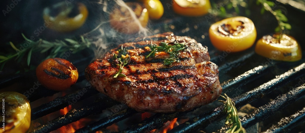 Grilled pork chop with herb seasoning on a barbecue with grilled lemon slices and fresh vegetables against a smoky background. Grilled pork chop with herb seasoning on a barbecue with grilled lemon slices and fresh vegetables against a smoky background.