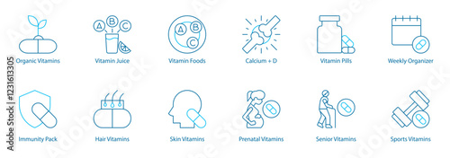 Complete Wellness and Immunity Vector Icon Set – Organic Vitamins, Vitamin Juice and Foods, Calcium plus D, Pills, Weekly Organizer, Immunity Pack, Hair and Skin Care, Prenatal 