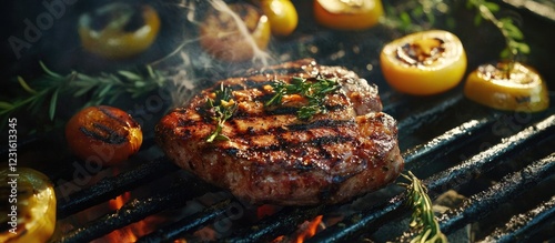 Grilled pork chop with herb seasoning on a barbecue with grilled lemon slices and fresh vegetables against a smoky background. photo