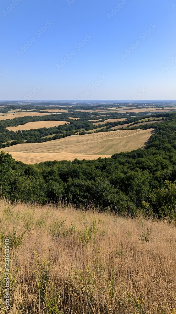 Hilltop view golden fields, summer landscape, travel Hilltop view golden fields, summer landscape, travel