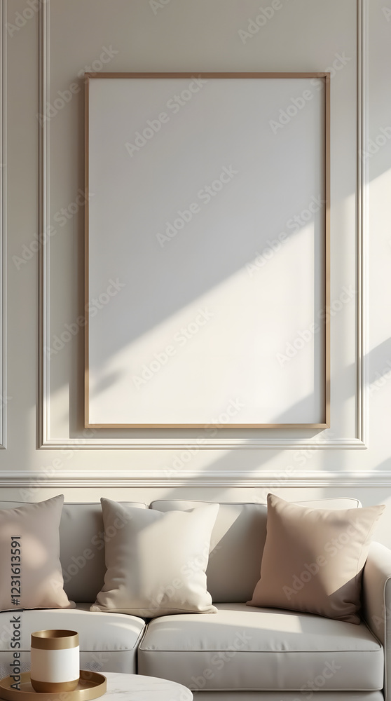 Fototapeta premium Frame mockup, Living room wall poster mockup. Interior mockup with house background. Modern interior design. AI-Generated 