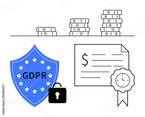 Blue GDPR compliance shield with stars, lock symbol, stacked coins indicating monetary value, certificate with seal and clock. Ideal for data protection, regulation, compliance, finance, security