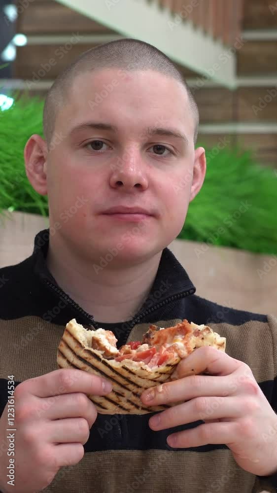Close-up of a guy eating a gyros in a cafe. modern fast food restaurant. nutritious snack, pita with meat and vegetables. Close-up of a guy eating a gyros in a cafe. modern fast food restaurant. nutritious snack, pita with meat and vegetables.