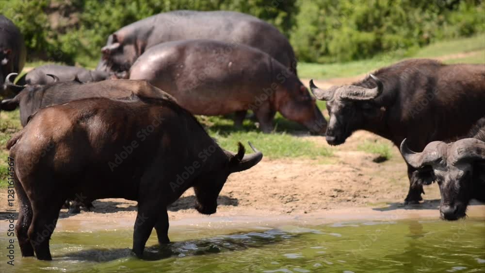 African Buffalos grazing in Uganda flat grassland African Buffalos grazing in Uganda flat grassland