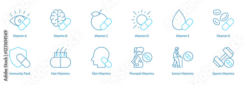 Specialized Vitamin and Health Needs Vector Icon Set – Vitamin A, B, C, D, E, K, Immunity Pack, Hair and Skin Vitamins, Prenatal, Senior and Sports Nutrition