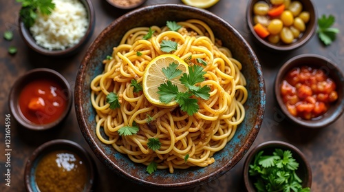 Top-down view of rechta, a traditional Algerian noodle dish served with lemon
