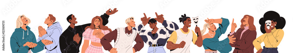 Banner with theatrical artists. Actors and actresses with diverse expressions on roll casting, auditions. Theater performers, art students. Acting skill. Flat isolated vector illustration on white Banner with theatrical artists. Actors and actresses with diverse expressions on roll casting, auditions. Theater performers, art students. Acting skill. Flat isolated vector illustration on white