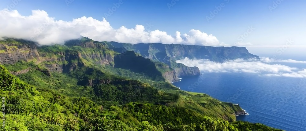 Island cliffs, ocean view, clouds, travel poster Island cliffs, ocean view, clouds, travel poster