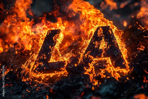 LA, Los Angeles letters burning in California fires. Generative Ai photo