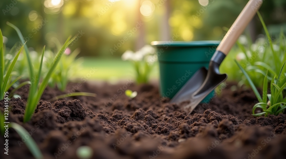 Gardening tools with green bucket and trowel in soil with green plants in garden, blurred background Gardening tools with green bucket and trowel in soil with green plants in garden, blurred background