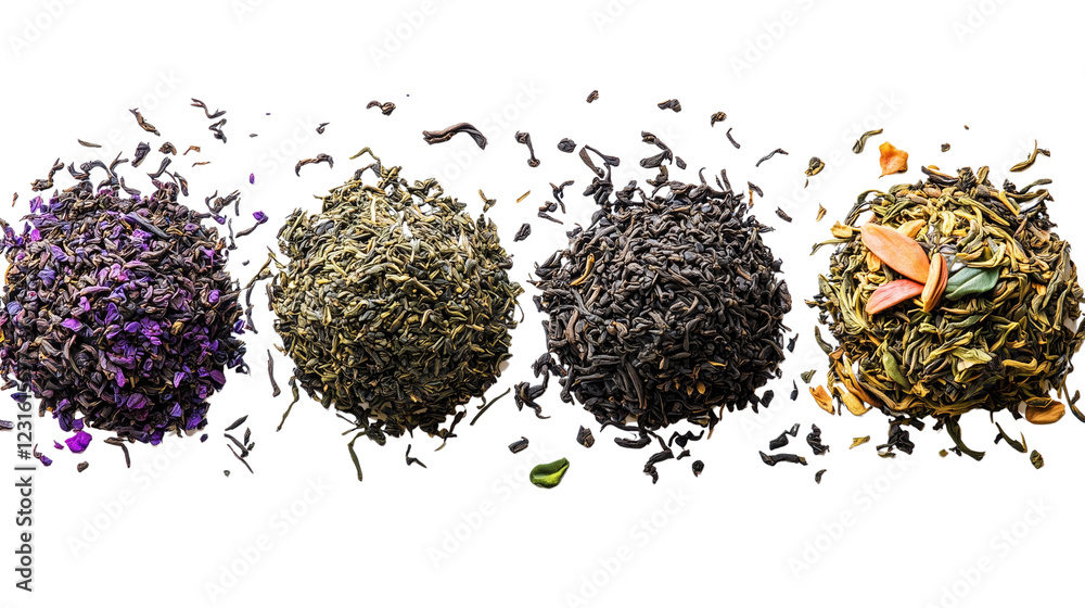 Fototapeta premium Assorted loose leaf tea blends isolated on a transparent background, organic herbal and black tea selection