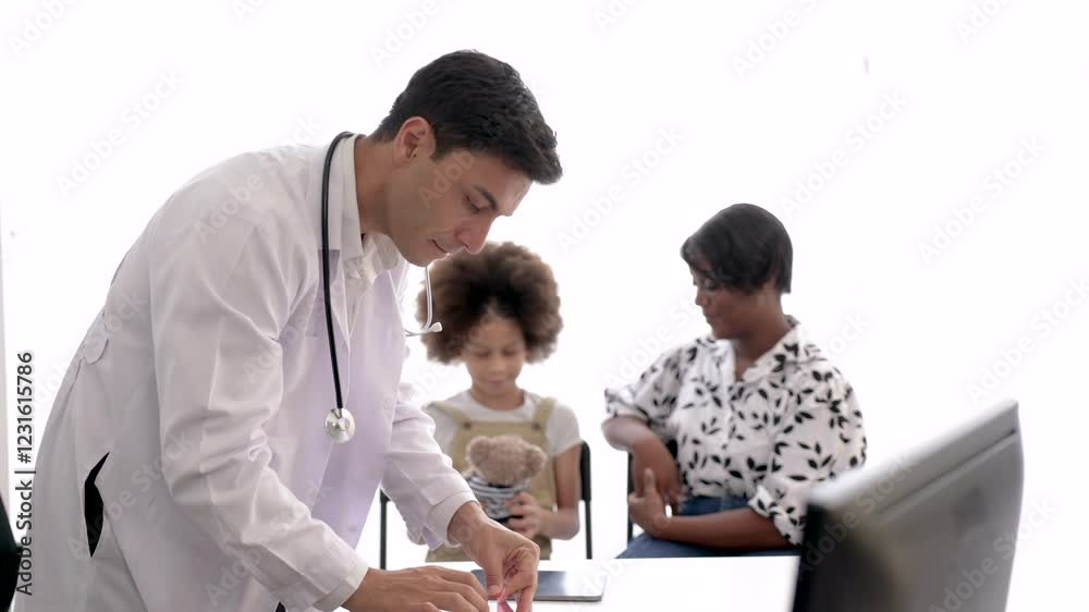 Senior pediatrician female doctor examines young child sitting beside African mother of descent, specialist uses a tongue depressor to check sore throat, visible medical tools and clipboard on desk Senior pediatrician female doctor examines young child sitting beside African mother of descent, specialist uses a tongue depressor to check sore throat, visible medical tools and clipboard on desk